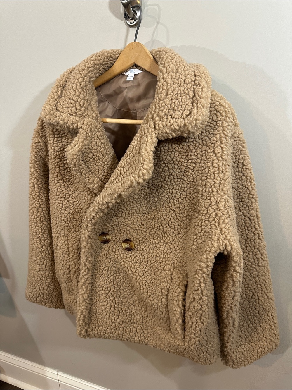 Time and Tru Double-Breasted Oversized Teddy Jacket in Tan, Size L